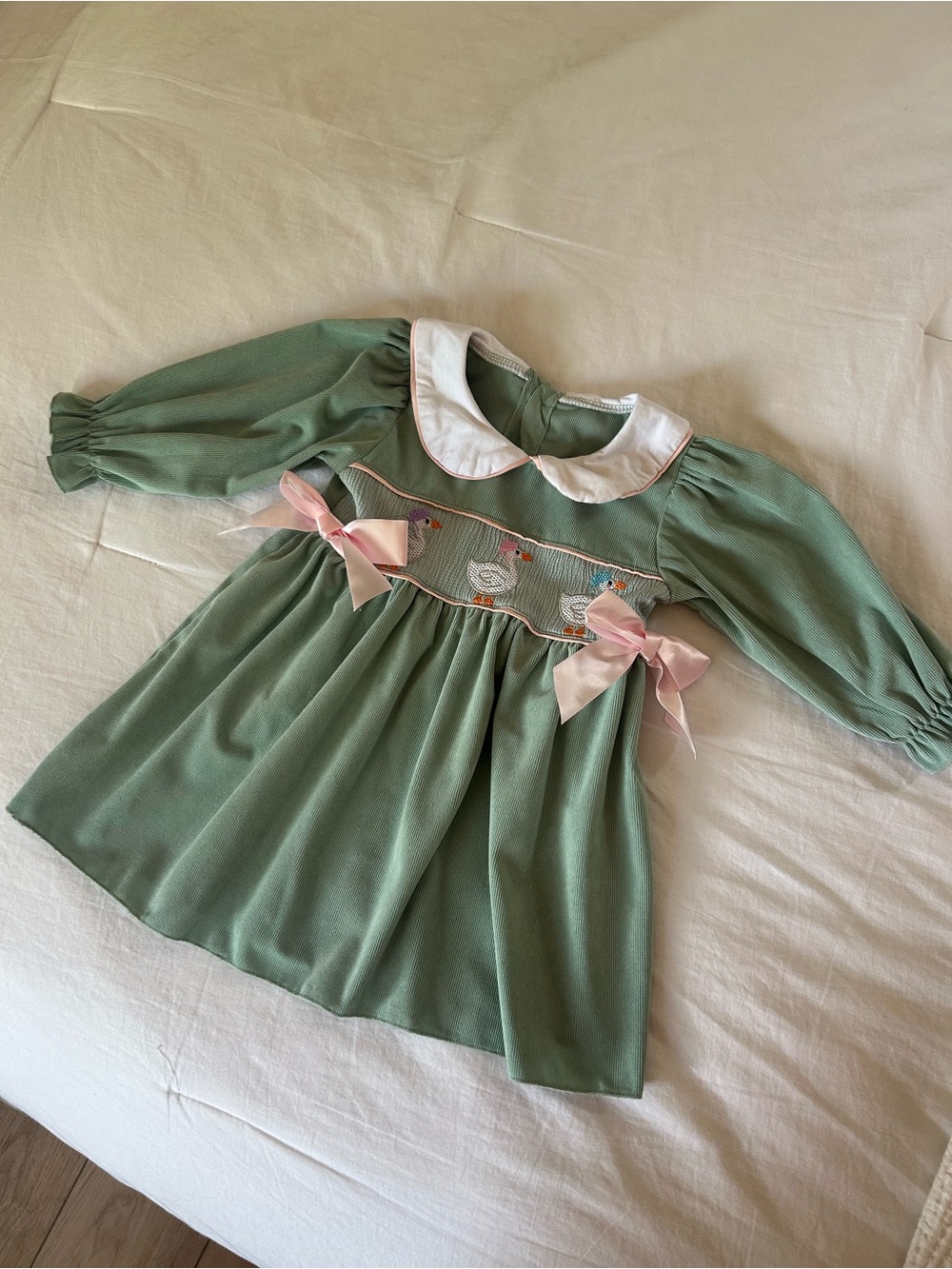 Smocked Kids Dress with Geese + Pink Bows